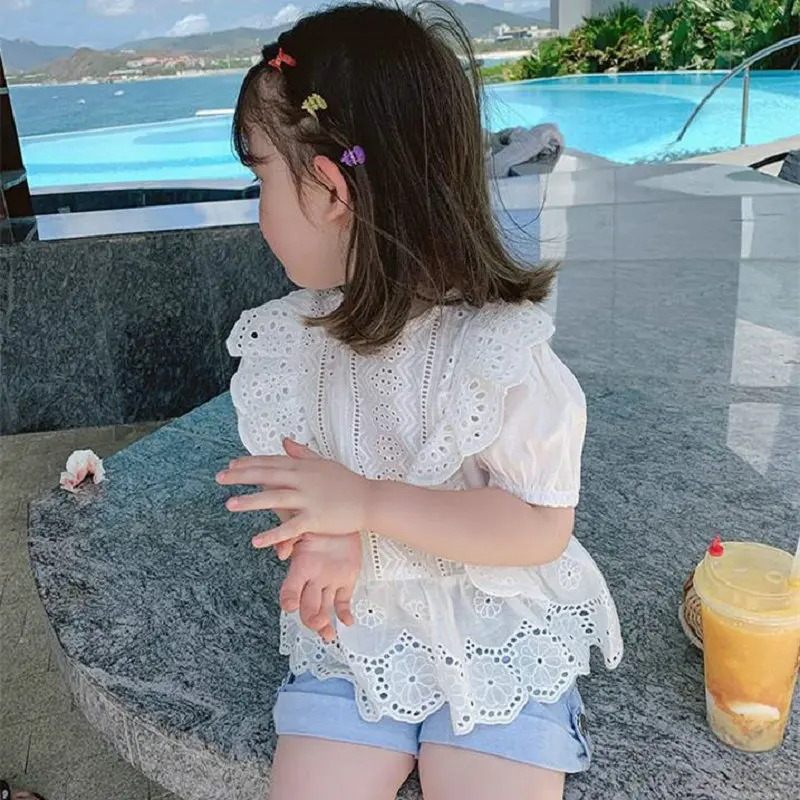 여아용 여름 코튼 스위트 레이스 패치워크 싱글 브레스트 백 할로우 자카드 셔츠, 어린이 블라우스, 어린이 복장 상의, 2-8 세