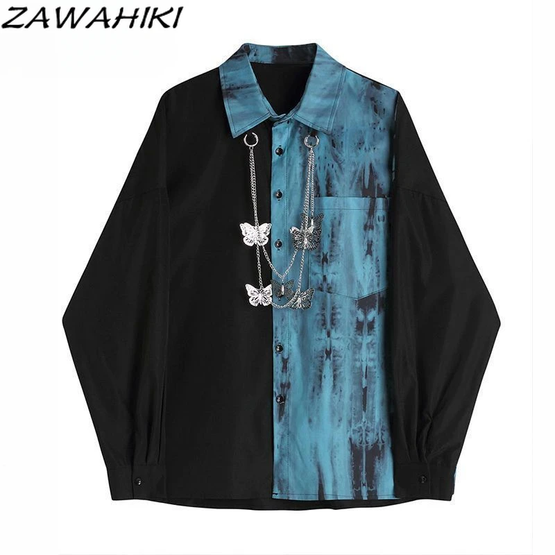 

Oversize Tie Dye Long Sleeve Patchwork Contrast Color Women Shirt Spring Autumn Lovers Chain Turn-down Streetwear Chic Tops