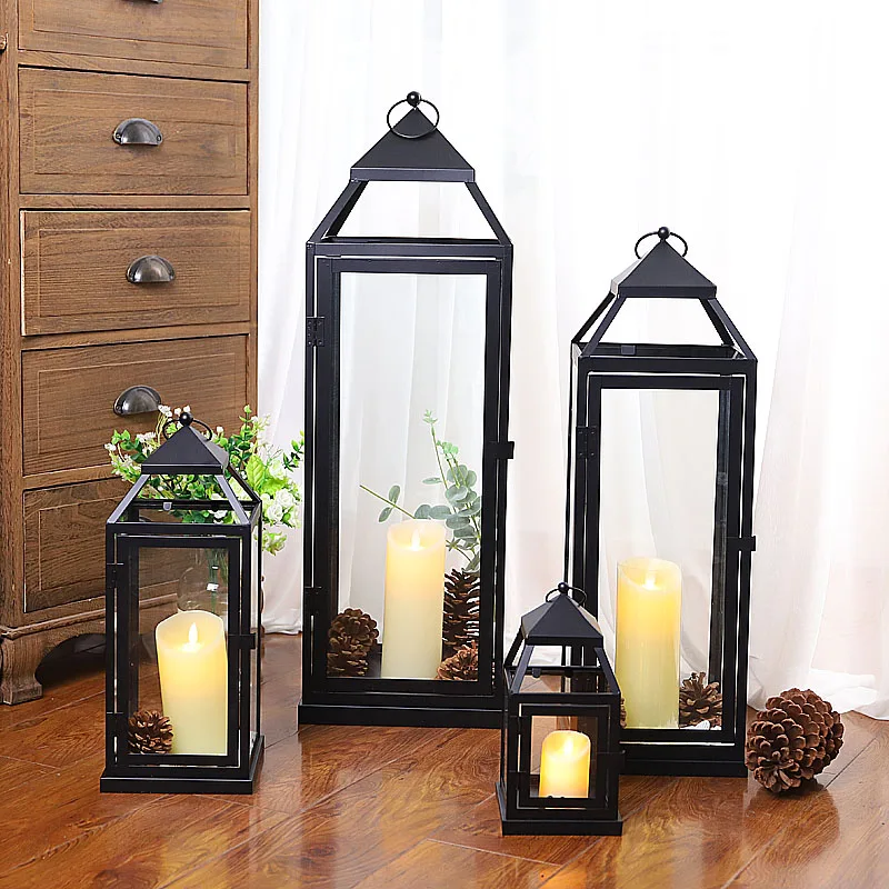 

Wrought Iron Candle Holder Glass Retro Garden Floor Large Outdoor Candlestick Lantern Wedding Bougeoir Jar Candle Holders