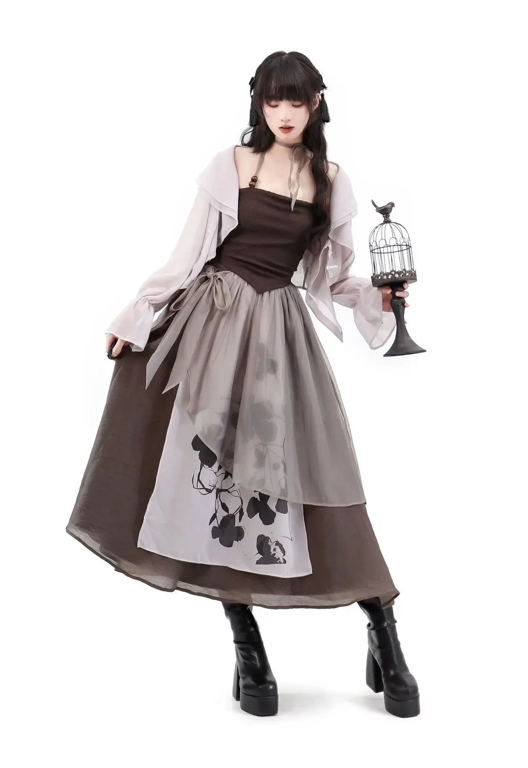 Japan Women Three Piece Set Skirt Suspender Dress + Tulle Dance Fluid Pants Folk Dance Clothes Everyday Dress 2024 New