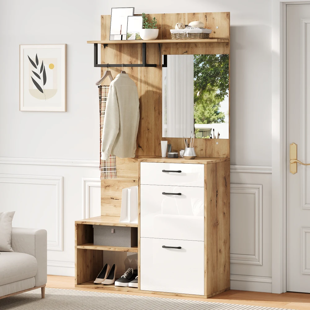 Kleiderschrankständer mit Spiegel, Schuhbank, Schuhschrank, Schublade, Regal und Kleiderhaken, Holzfarbe Weiß – Detail 8