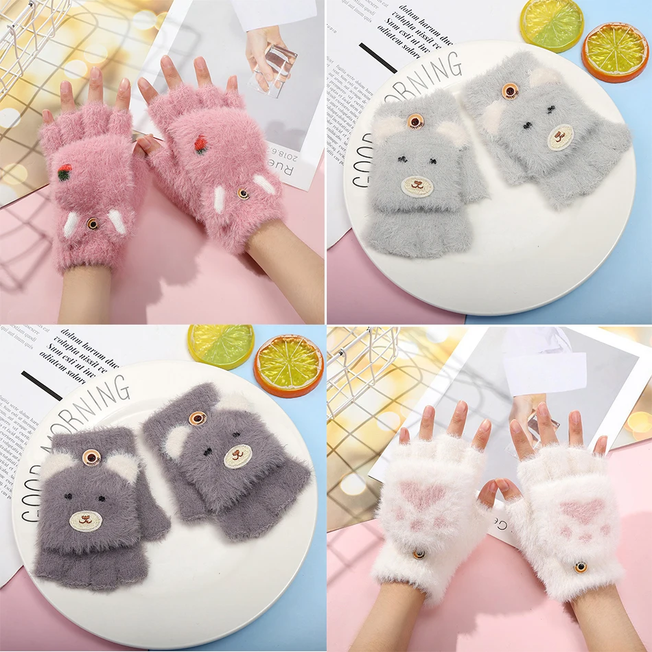 Children Mittens Plush Warmth Winter Furry Half-finger Mitten Cute Print Girl's Glove Writing Outdoor Warmer Hand 2-7Years Old