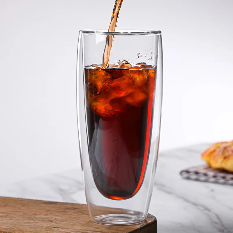 이중벽 유리 커피 우유 컵, 차가운 음료 주스 맥주 물병, 가정용 바 창의적인 음료 용기, 600ml 대용량