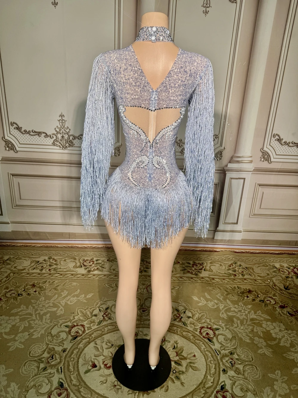 Women Rhinestones Bodysuit Long Sleeve Fringes Sexy Mesh Performance Dance Costume Nightclub Singer Dancer