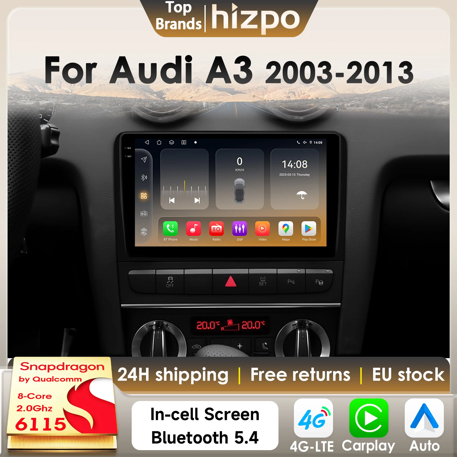 Hizpo Auto Radio Autoradio Für Audi A3 8P 2003-2013 S3 RS3 Sportback Drahtlose Carplay Bildschirm Android Auto GPS 4G 360 Kamera 6115