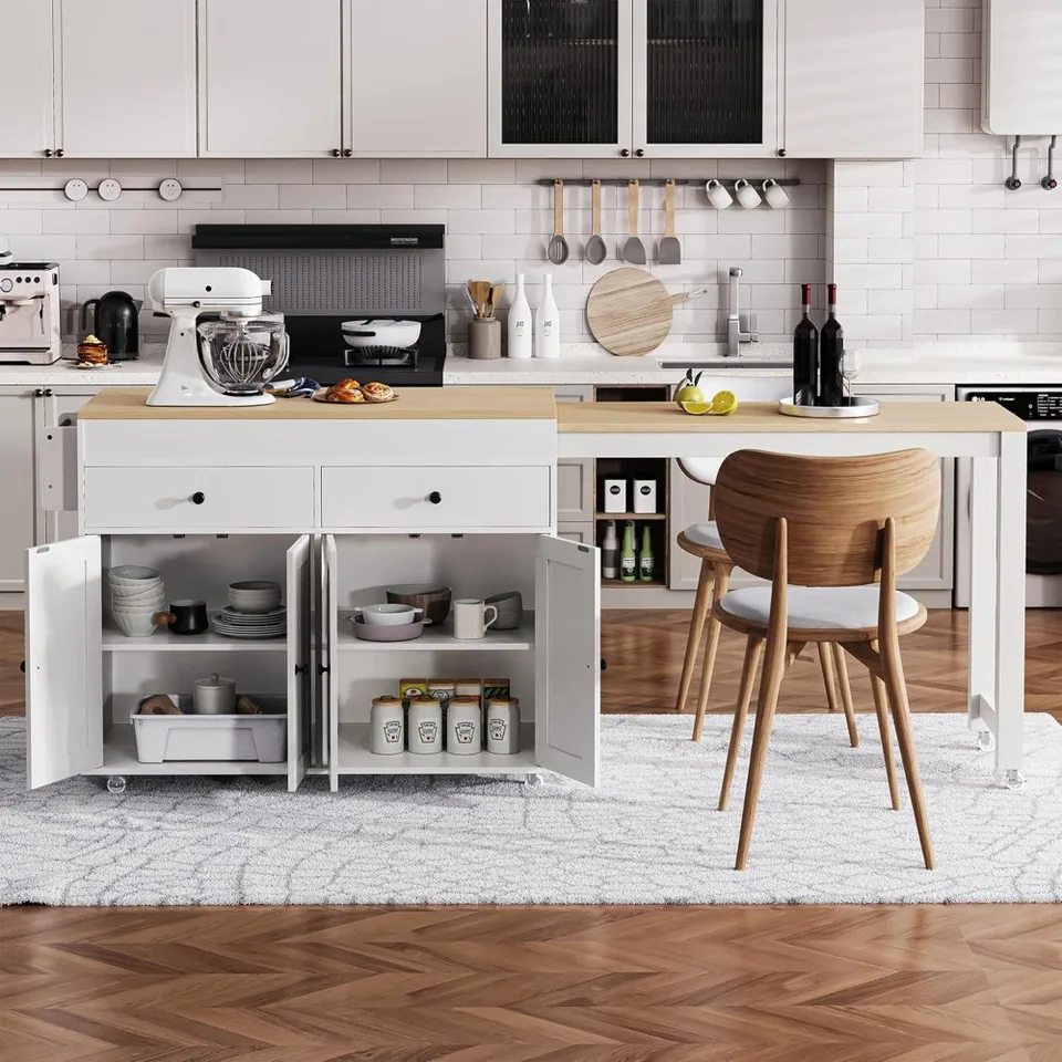 Rolling Kitchen Island with Extendable Dining Table and Storage