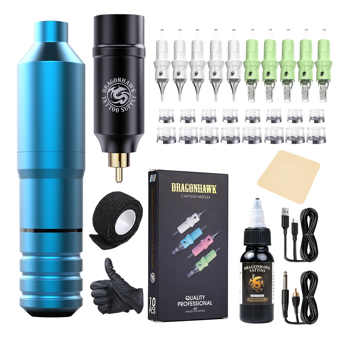 

Dragonhawk Tattoo Machine Gun Kit With RCA Wireless Battery Power Cartridge Needles Ink Set Tattoo Supplies