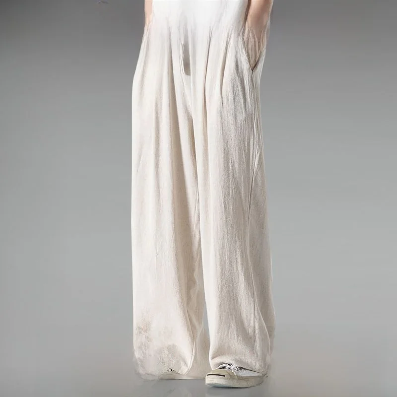 Summer Large Size Linen Wide Leg Pants Men's Casual Comfortable Loose Fit Straight Tube Trousers Long Pants Casual Pants