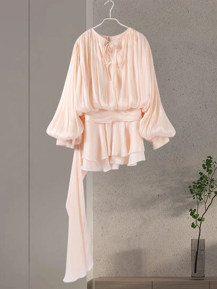 Elegant Flounce V-Neck Lace-Up Lantern Sleeve Mini Dress with Patchwork Details