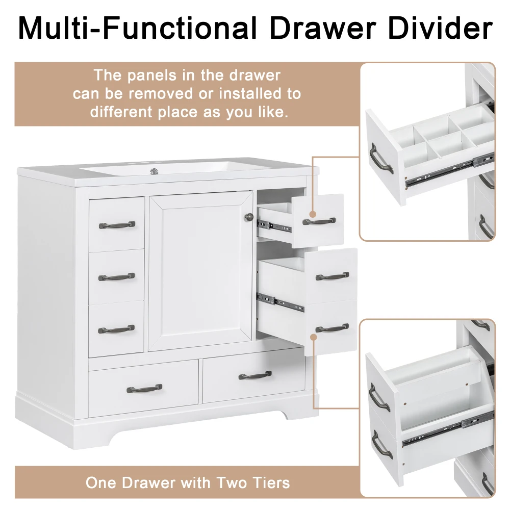 36" Bathroom Vanity Without Sink, Cabinet Base Only, Six Drawers, Multi-Functional Drawer Divider, Adjustable Shelf, White 6
