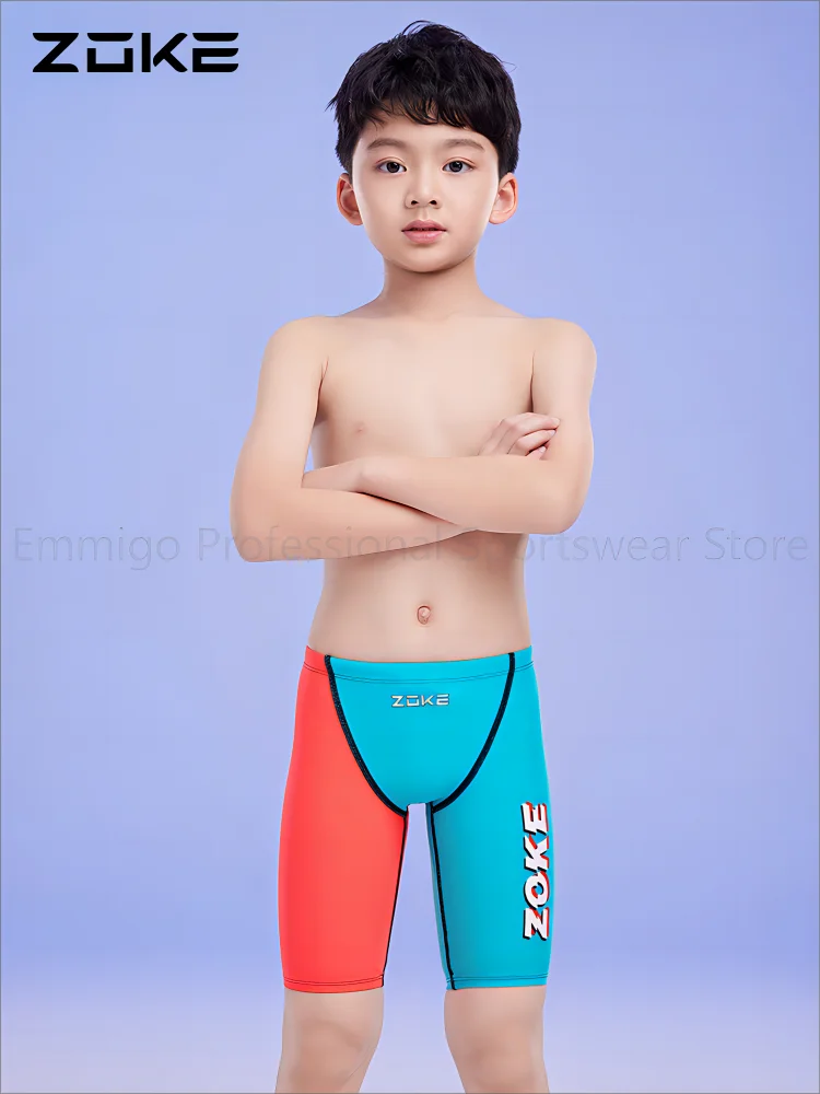 Boys ZOKE Swimming Trunks Competitive Knee Swimming Shorts Kid Waterproof Training Swimsuit Quick Dry Swimming Jammer