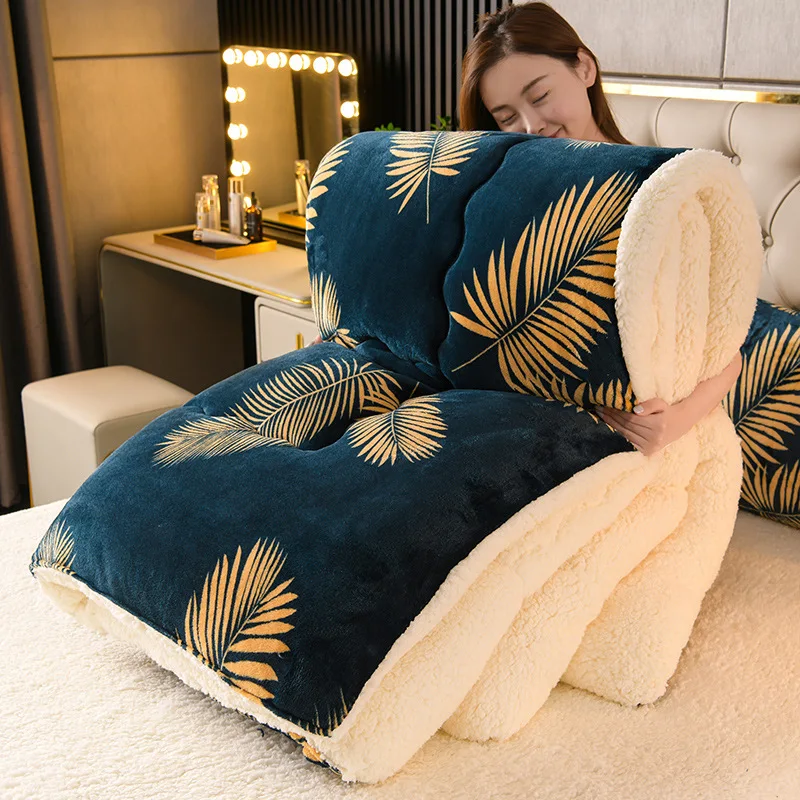 Bed Comforter Thermal Winter Lamb Velvet Quilt Thick Flannel and Lamb Double-faced Velvet Wool Blankets Quilts 3.5kg Comforter For Bed
