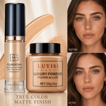 Set trucco viso: 1 polvere opaca + 1 fondotinta impermeabile, alta coprenza, lunga durata, controllo dell'olio, crea un aspetto naturale.