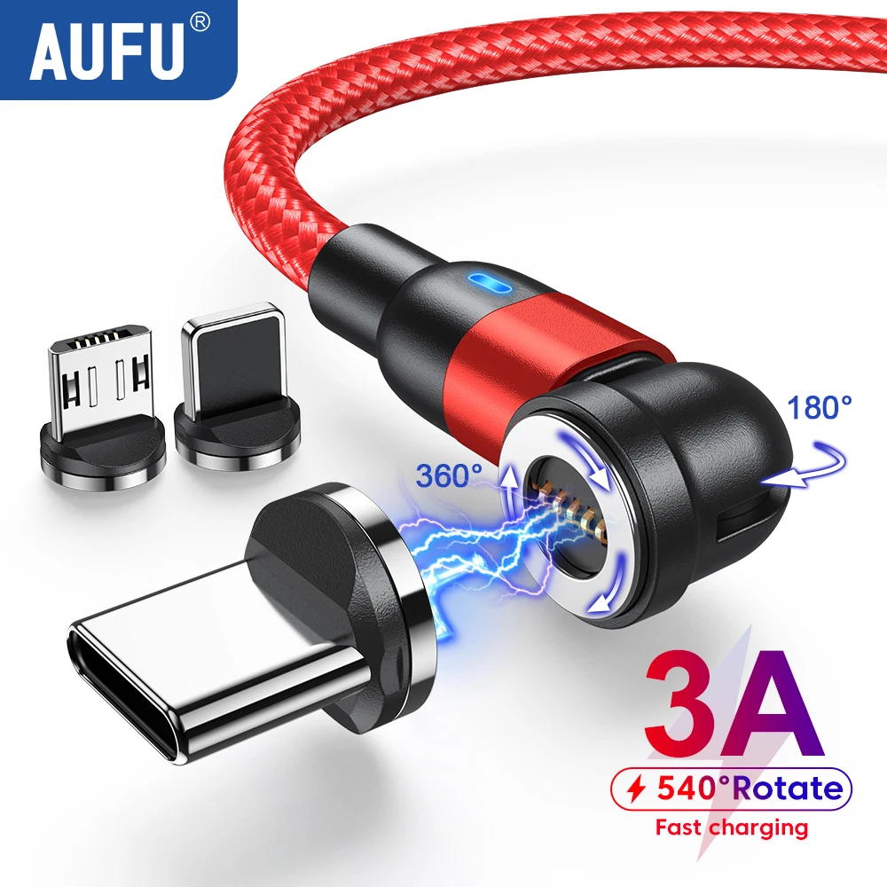 Aufu-Cable Magnético De Carga Rápida, Micro Usb Tipo C, Giratorio 540, 3A, Para Iphone, Xiaomi, Poco