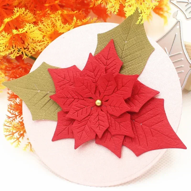 Christmas Poinsettia 3D Flowers Leaf Metal Cutting Dies Stencils DIY Scrapbooking Cards Making Embossing Handmade Craft Die 2024