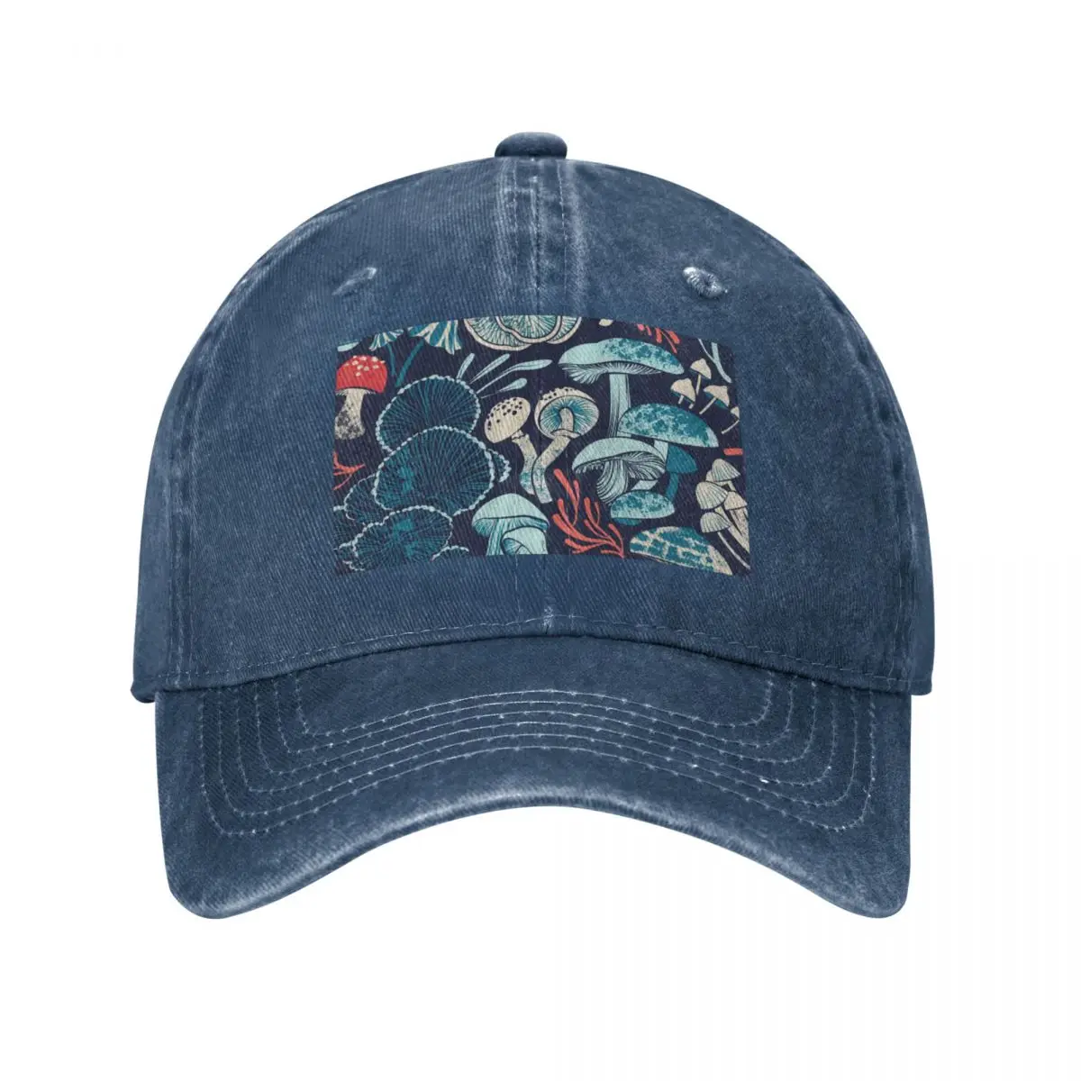 

Mystical fungi // midnight blue background aqua teal coral and red wild mushrooms Cap Cowboy Hat anime cap for men Women's