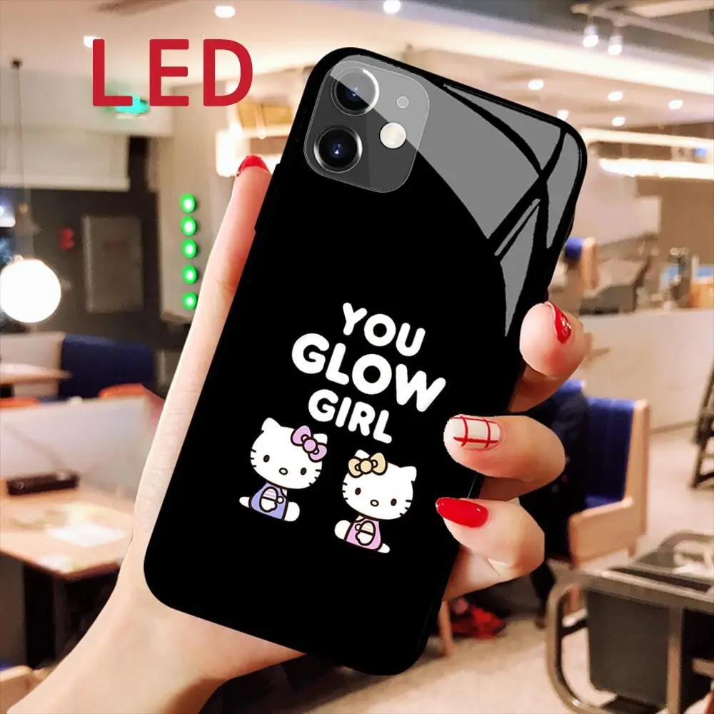 iphone 12 case HelloKitty Animation Glass phone Case For IPhone 13 12 11 Pro Max XS  Max 8Plus 7plus LED Luminous Call Light Flash cover iphone 12 wallet case