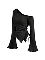 women's New off shoulder cross long sleeved slim fit casual street style asymmetrical elegant T-shirt trumpet sleeve top - Image 3
