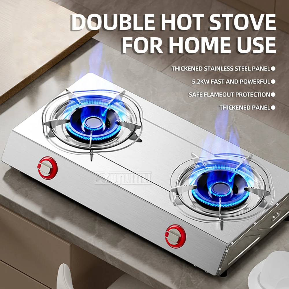 Double Gas Stove Cooker Kitchen Desktop Gas Stove 2 Burner Household Stainless Steel Strong Fire Liquefied Bruciatore A