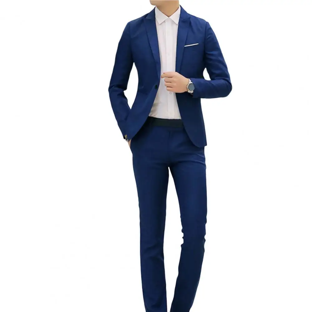 1 Set Blazer Pants Slim Fit Groom Suit Slimming Pure Color Blazer Pants