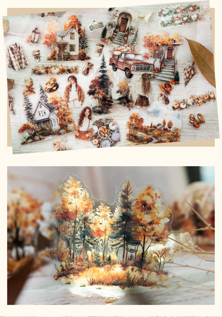 30 Sheets Autumn Fall Leaves Theme PET Stickers for DIY Craft Scrapbooking Collage Guitar Phone Case Decoration