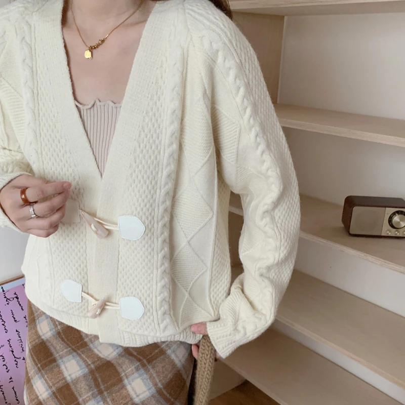여성용 긴팔 스웨터, 단색 캐주얼 스웨터, V넥 가디건, 한국 기본 니트 상의, 신상 패션