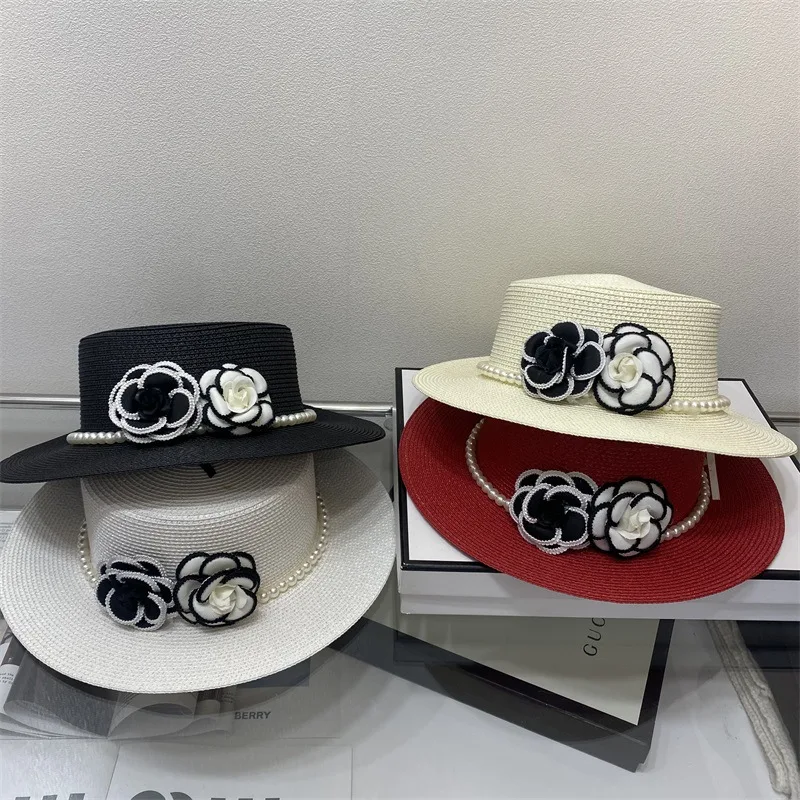 

Small Fragrant Wind Pearl Flat Cap Flower Fashion Flat Cap Summer Fashionable Elegant Hepburn Sunscreen Hat Female
