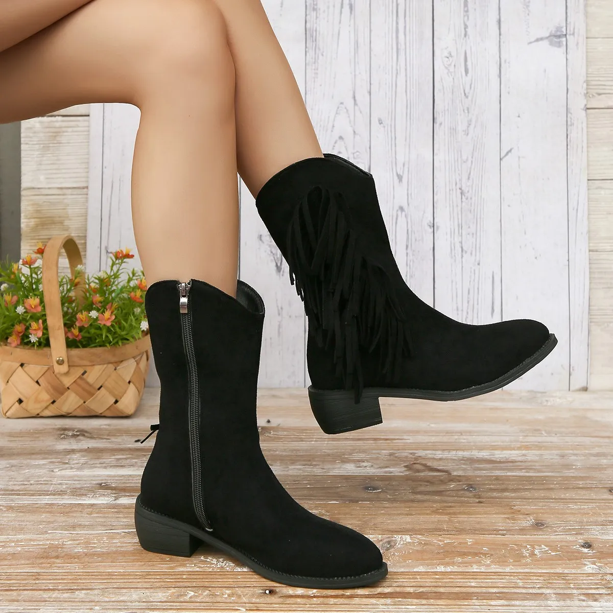 Aphixta Fringe Women Ankle Boots Side Zipper High Heels Modern Ankle Boots Black Shoes Woman Boats botines Plus Size 43 Footwear