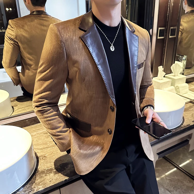 Handsome Leather Patchwork Suit Jacket Men's Coat Thick Gentleman