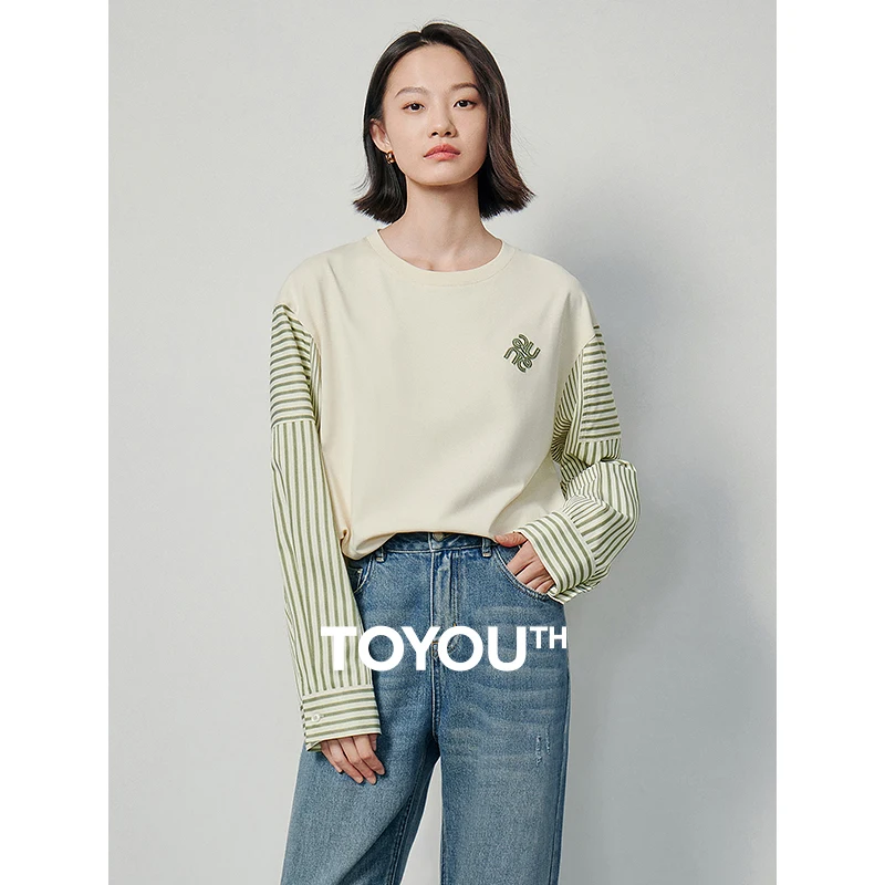 

TOYOUTH Women Sweatshirt 2024 Spring New Contrast color Patchwork O neck Striped Long Sleeve Pullover Tops