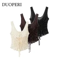 DUOPERI Women Y2K Fashion Solid Pleated Lace Up Slim Fitting Camisole Straps V-Neck Female Chic Lady Casual Tank Tops