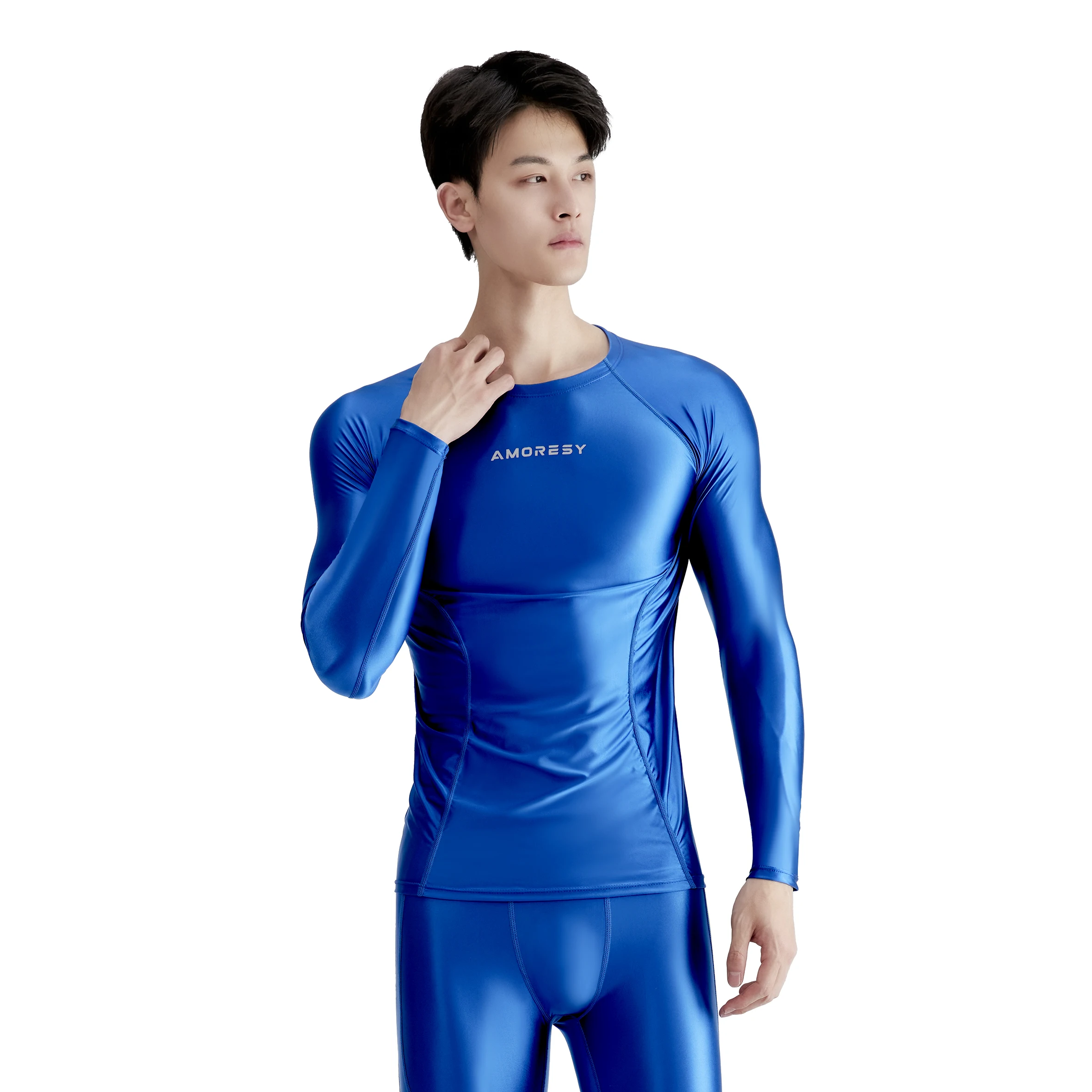 Round neck tight long sleeve T-shirt for men gloss compression sports Fitness spandex
