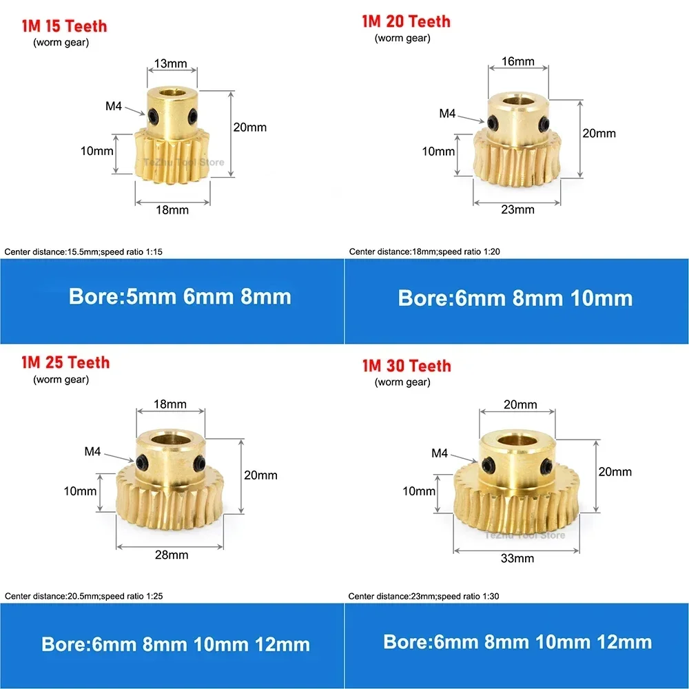 1Pcs 1M 15T-60T Brass Worm Gear Wheel Stainless Steel Worm Rod 1 Modulus 15 Teeth-60 Teeth Gear Bore 5/6/8/10/12mm