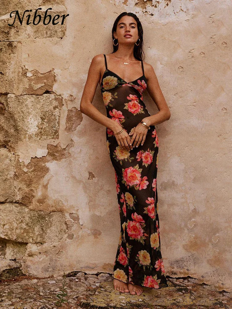 Nibber Mesh Rose Print Maxi Dress Women See Through V-Neck Lace Patchwork Slim Bodycon Female Strappy Midnight Dress Abbigliamento