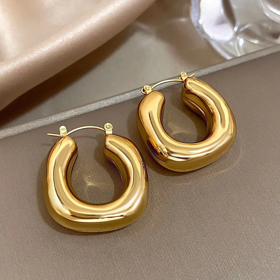 Gold Plated Chunky Stainless Steel U-Shaped Hoop Earrings - Fashionable Waterproof Jewelry