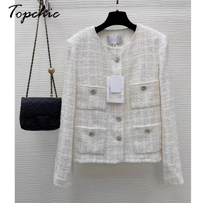 

White Wool Coats Women Autumn Winter 2023 Korean Fashion Casual Single Breasted Tweed Jacket Vintage O-neck Jaqueta Feminina
