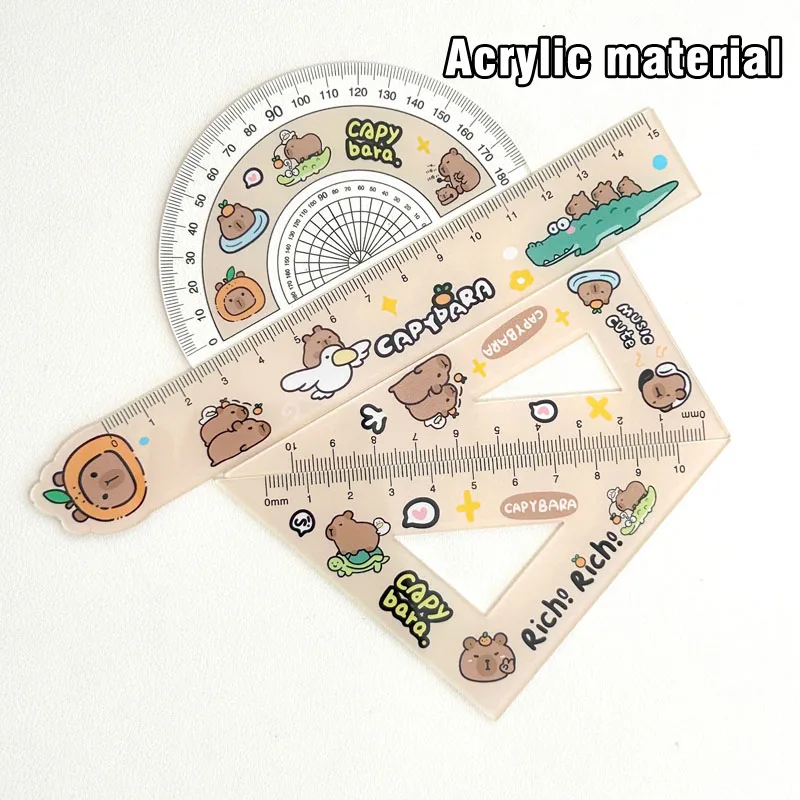 4 PCS Cute Cartoon Capybara Metric Ruler Plastic Straightedge High Appearance Measuring Too Triangle Ruler Student Protractor