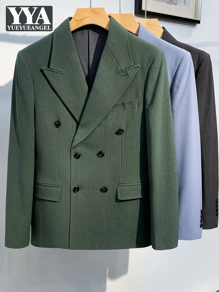 

Men Double Breasted Striped Blazer Jacket Autumn Business Work Suit Coat Green Slim Fit Office Lapel Collar Blazers Outerwear