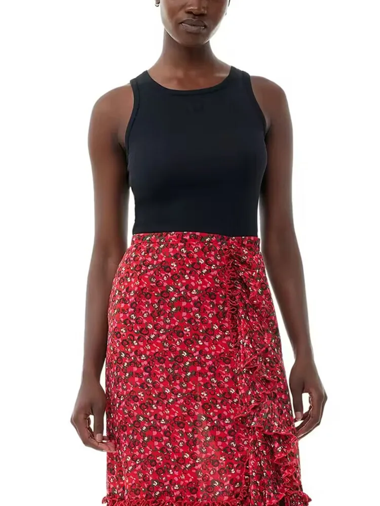 

2024 New Fashion Ladies High Waist Midi Jupe Women Floral Print Pleated Ruffle Skirt Spring Summer