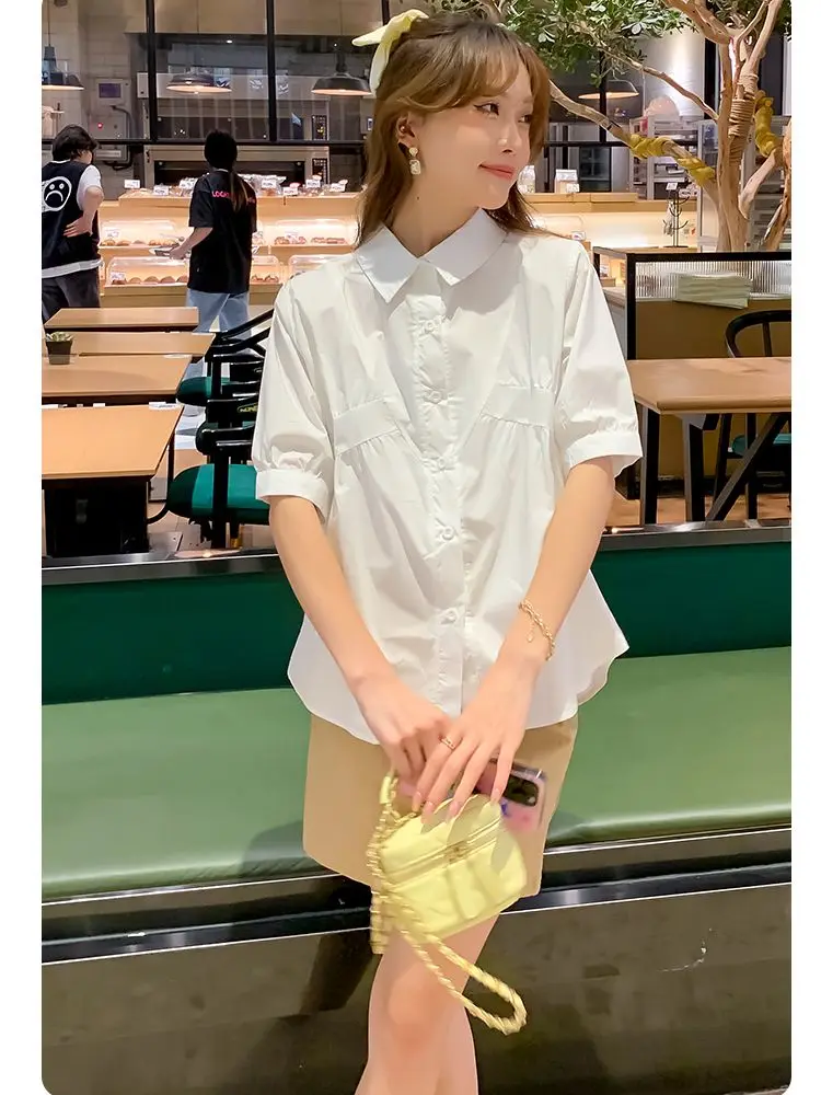 

Japanese Style Maternity White Shirts Short Sleeve Turn-down Collar Button Fly Pregnant Woman Blouses Irregular Pregnancy Shirts