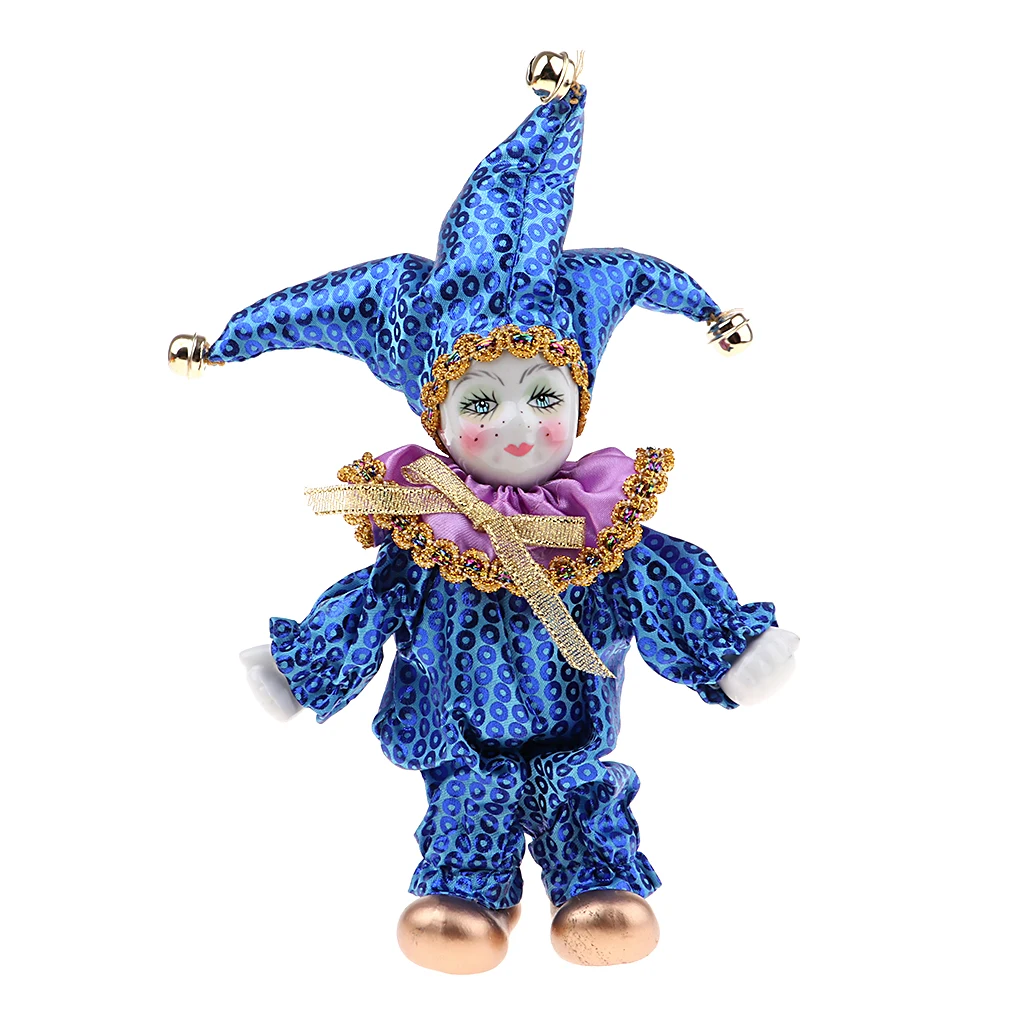 14" Porcelain Smiling Clown Doll - Colorful Harlequin Costume, Halloween & Christmas Decor