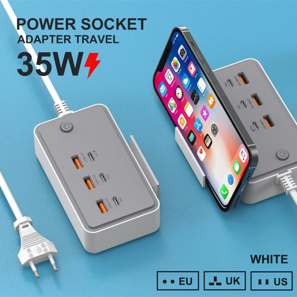 35W Power Strip Socket 3PD & 3USB Multiple Ports Extension Cable Plugs Cell Phone Adaptors Quick Charging US/EU/UK Plug Sockets