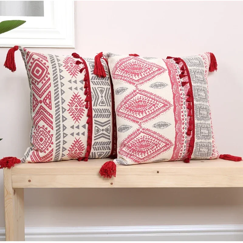 

Pink Christmas Cushion Cover 2024 American Style Printed Handmade Tassel Pillow Covers New Year Festival Christmas Decoration