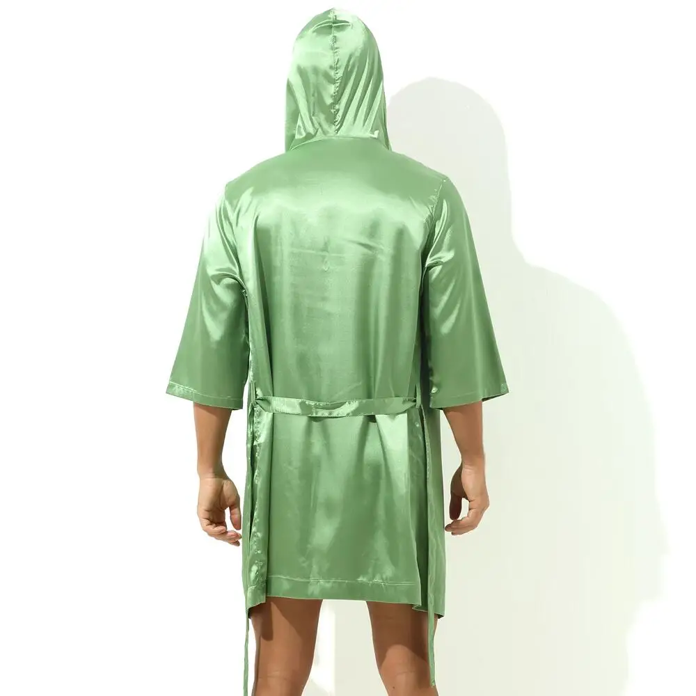 Sexy Sleepwear Men Robes Bathrobes Soft Silky Short Sleeve Nightgown Mens Homewear Dressing Gown Male Pajamas (No shorts) - 6