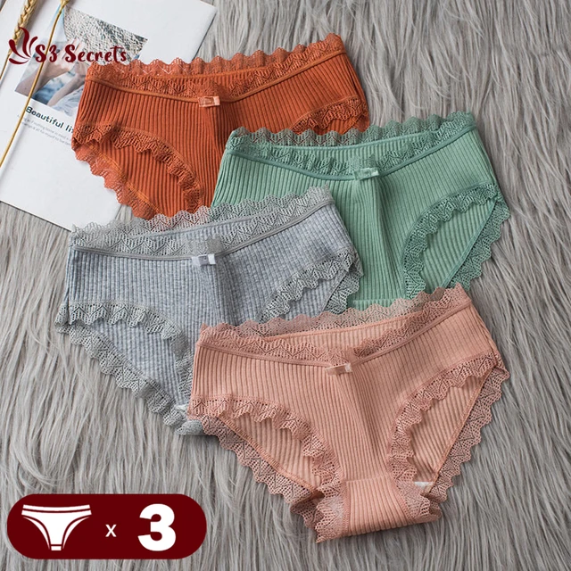 Sous-vêtements en coton taille moyenne pour femmes, culottes sexy, dentelle respirante, intimes, entrejambe anti-favorable, 3 pièces par lot 1