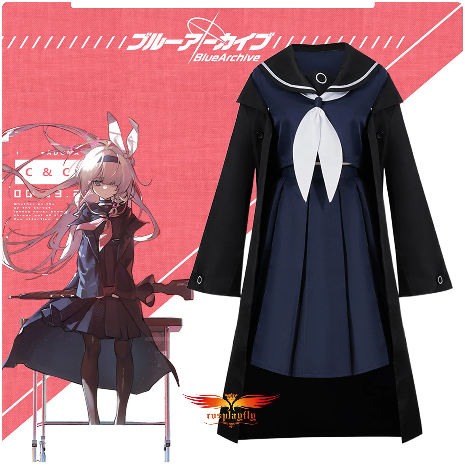 

Anime Blue Archive Purana Cosplay Costume for Women XS-XL Girl Navy Blue Sailor Suits Black Cool Trench Bow-Tie Halloween