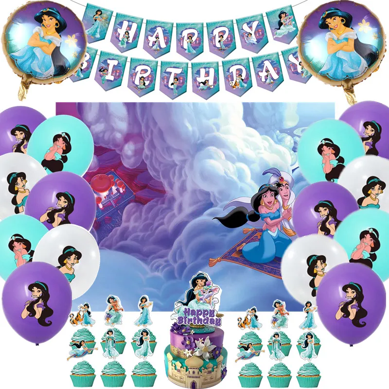 Disney Aladdin Jasmine Girl Birthday Party Foil Balloons Decorazione Forniture Princess Jasmine Flags Cake Toppers Regalo Giocattoli Per Bambini