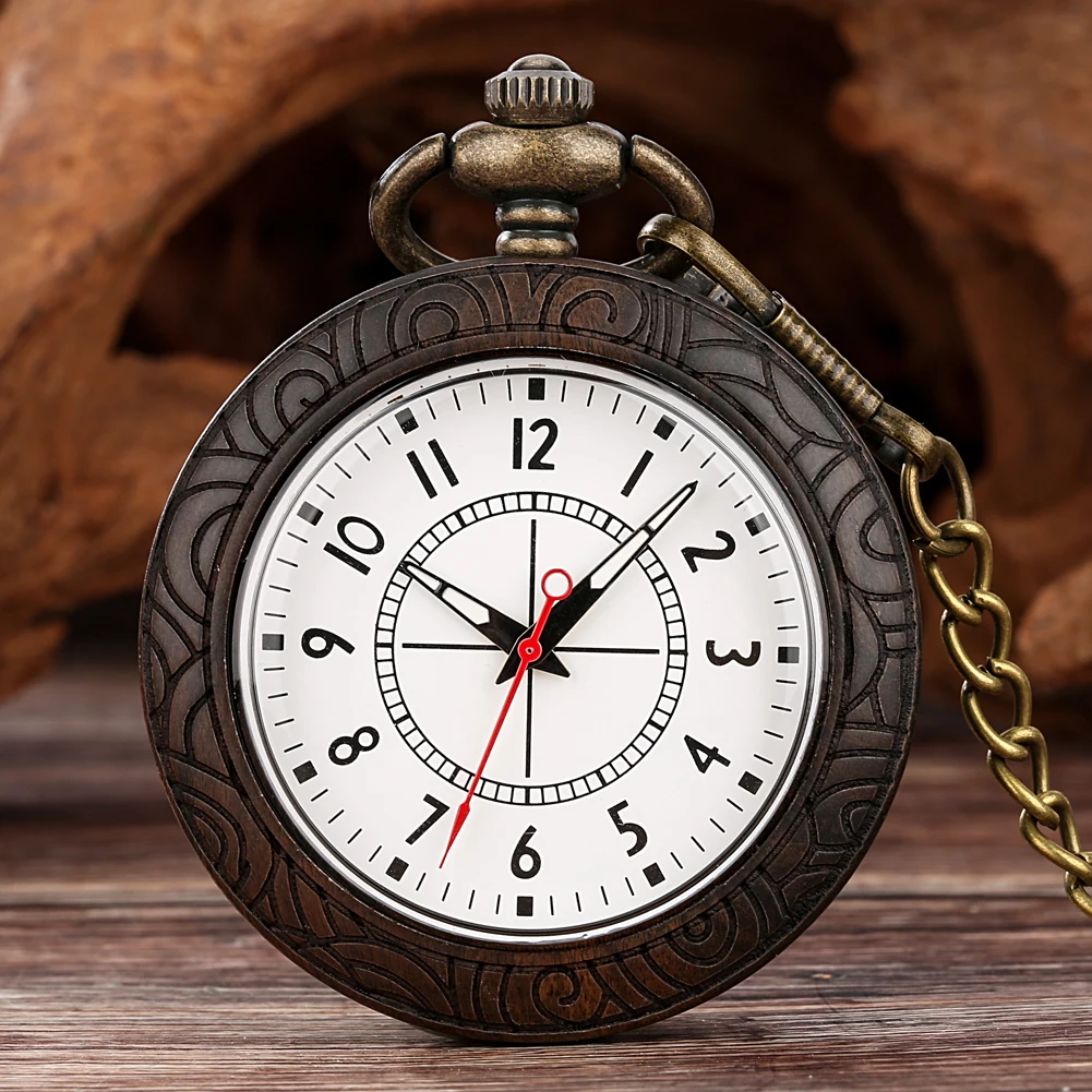 

Vintage Ebony Quartz Pocket Watches Arabic Numeral Dial Wooden Pendant Flower Edge Pocket Watch Capless Clock Gift Thick Chain