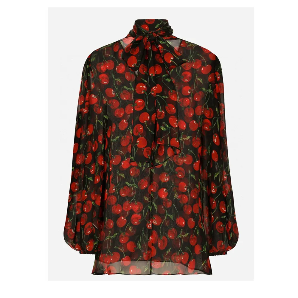 

HIGH QUALITY Luxury Inspired Women's Silk Cherry Print Loose Blouse Long Sleeve Shirt Runway Fashion 2023