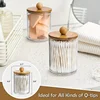 Qtip Holder Dispenser with Bamboo Lid 10 oz Clear Plastic Apothecary Jar Containers for Vanity Makeup Organizer Storage Bathroom 4